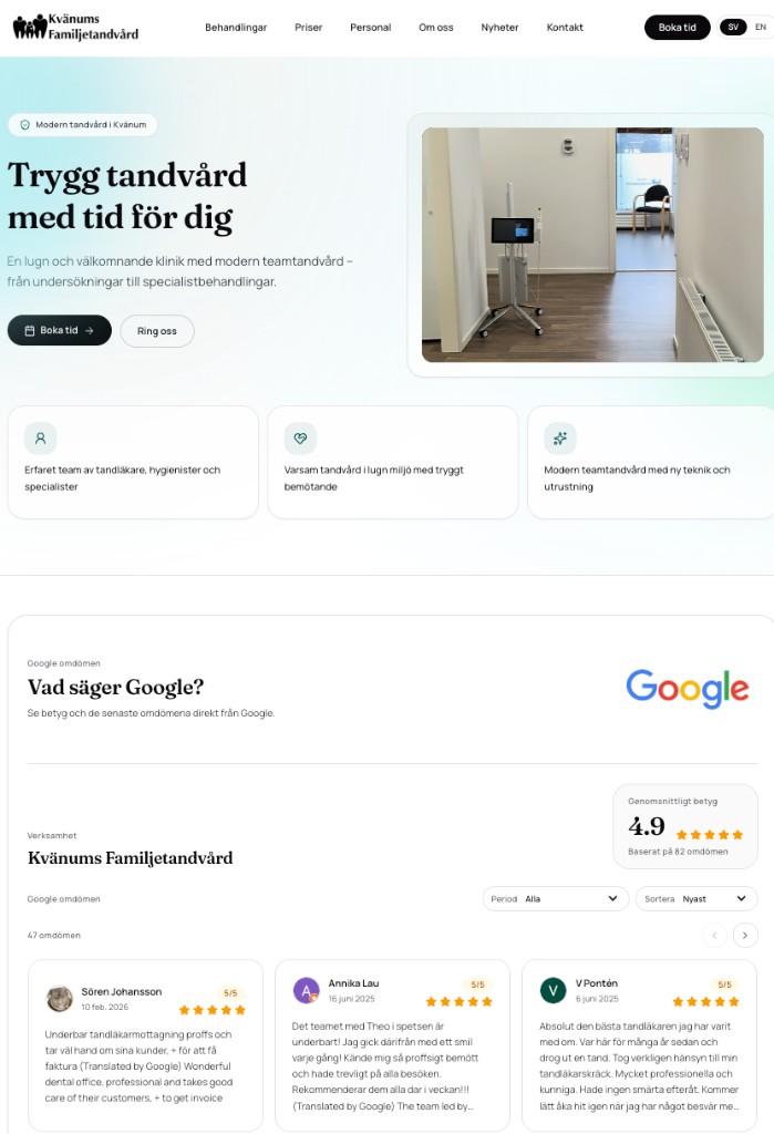 Skärmdump av Kvänums Familjetandvård